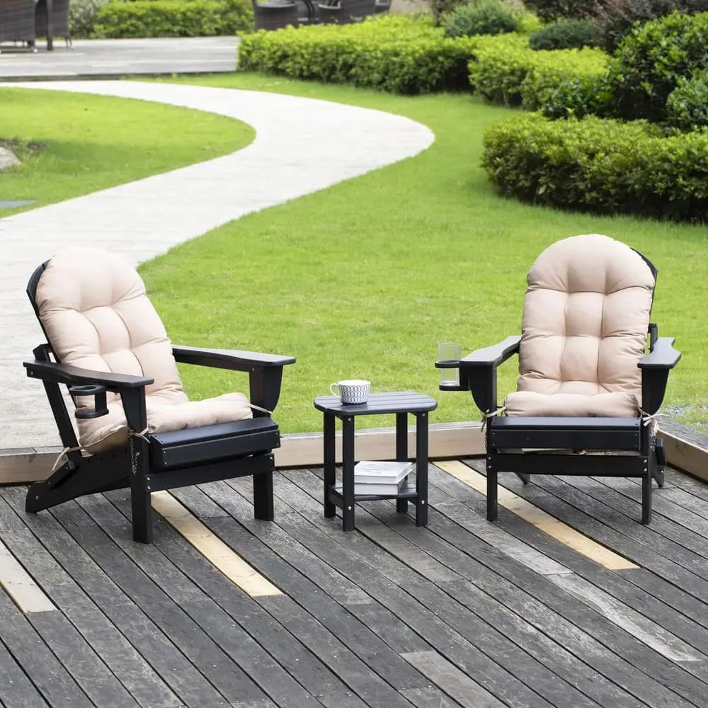 Set of 2 foldable Adirondack chairs with cushions and cup holders, large HDPE plastic patio chair, weatherproof, usable
