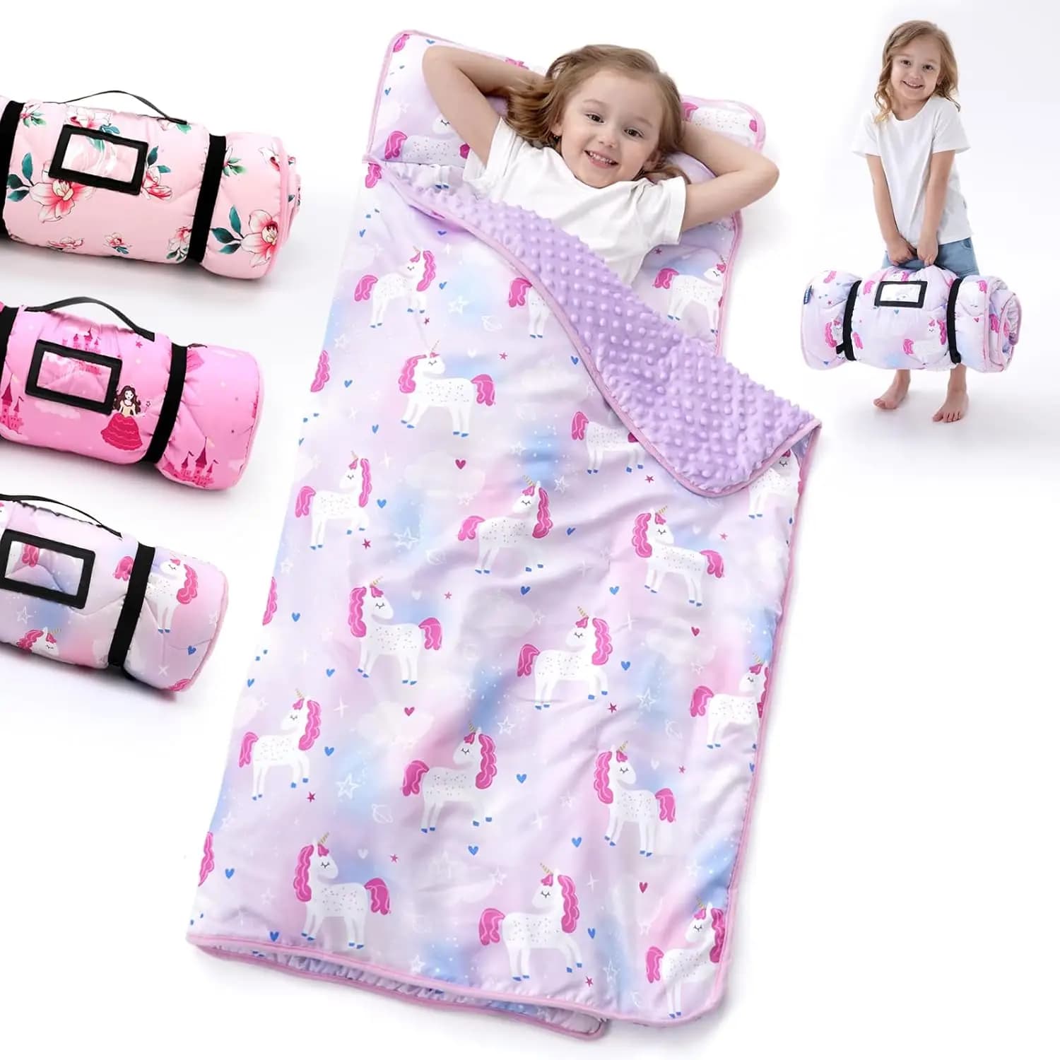 Children's nap pad with pillow and blanket, portable rollable sleeping bag for kindergarten and kindergarten