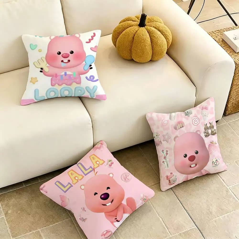 P-Pink Cartoon Loopy-Y Square Double-Sided printed Pillow Case Bedroom Bedside Pillow Sofa Cushion Cover Gift