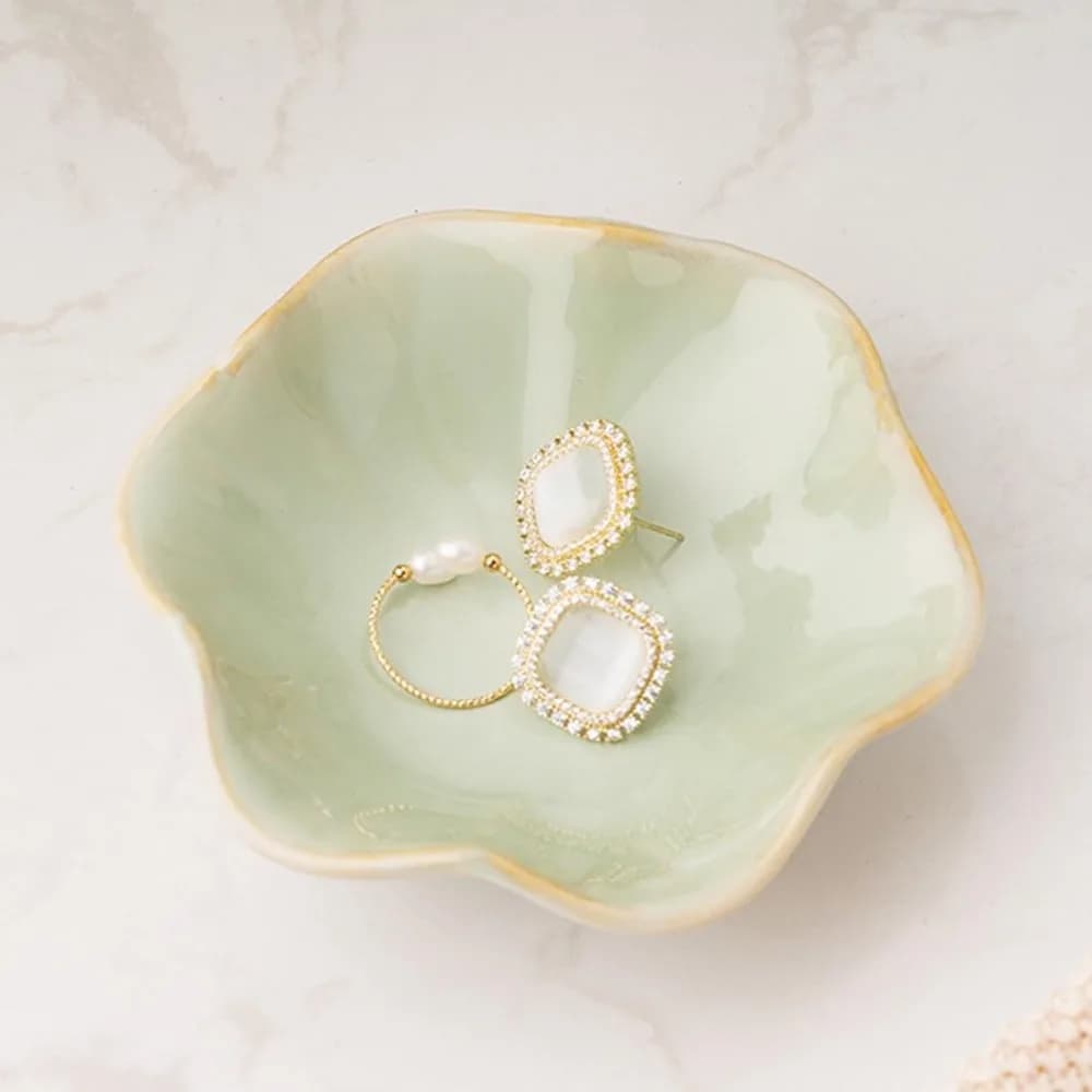 Piatto per gingilli in ceramica, vassoio per anelli, piatto per gioielli decorativi per orecchini, collane, chiavi per orologi, per donna, bianco verde