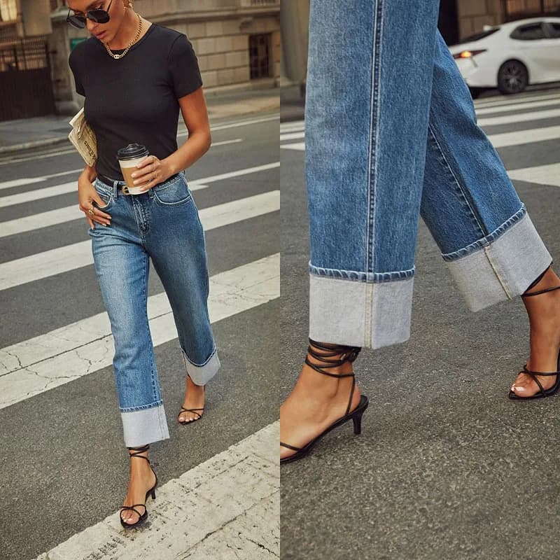 Women Jeans High Waist Straight Leg Denim Pants Medium Wash Blue Distressed Denim Jeans Wide Leg Button Fly Jeans Pants Rolled