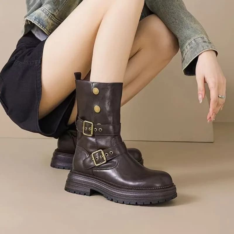 Stivaletti da Donna con Suola Spessa e Plateau, Risvolto Pieghevole, Finitura Simil-Scamosciata, Punta Rotonda, Cinturini con Fibbia, Calzature Casual Quotidiane Stile Vintage