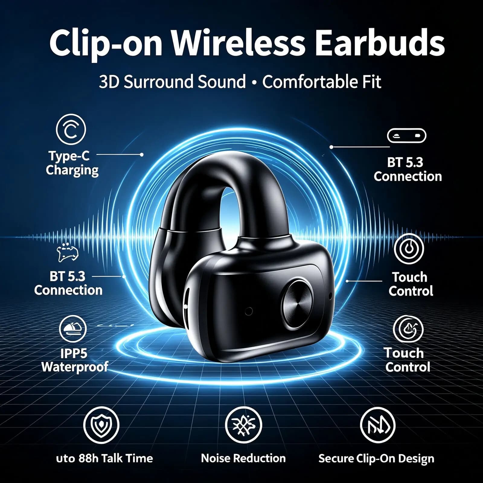 Bluetooth 5.3 Single Earphone HIFI Long Battery Life Ear Clip Call Noise Cancellation Music Gaming IPX5 Waterproof Sports Earbud