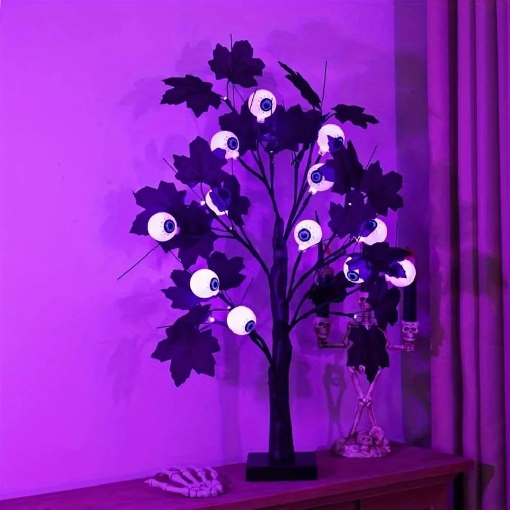 Halloween Eyeball Tabletop Tree Light, Purple LED Spooky Black Maple Leaf Tree Lamp for Indoor Halloween Party, Desk Home Decor