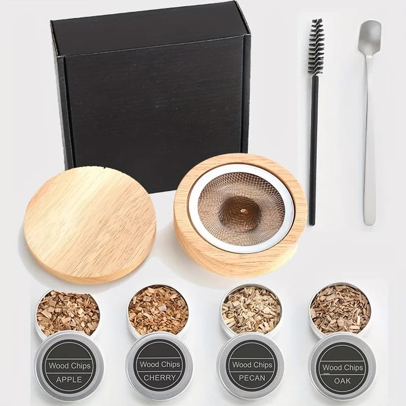 Kit per fumo in misto 2 stili da 4 set - Kit per affumicatore per cocktail in legno - Whisky in legno affumicato - Cappa in legno per affumicatore - per bevande Bar da cucina