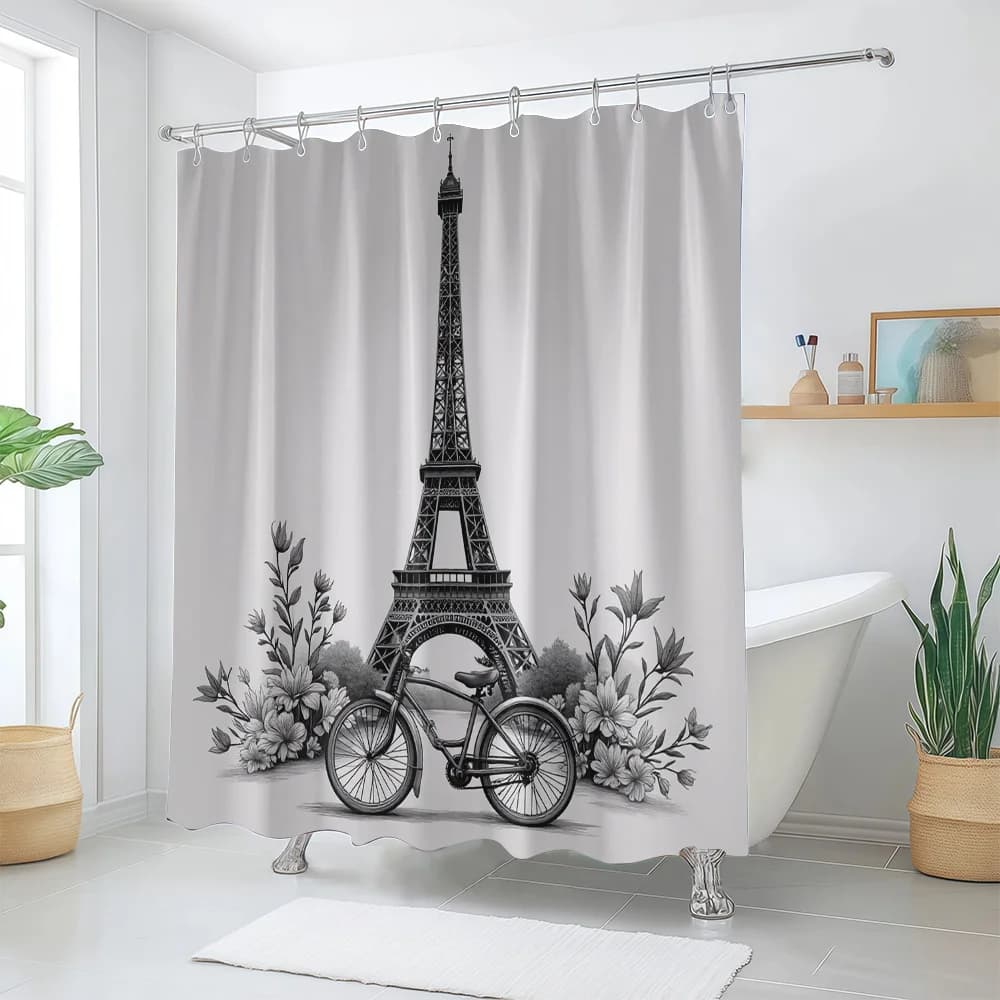 1pc Printed Shower Curtain with the Eiffel Tower and Flower Bicycle Patterns, a Simple Art-style Home Decoration Bathroom Curtai