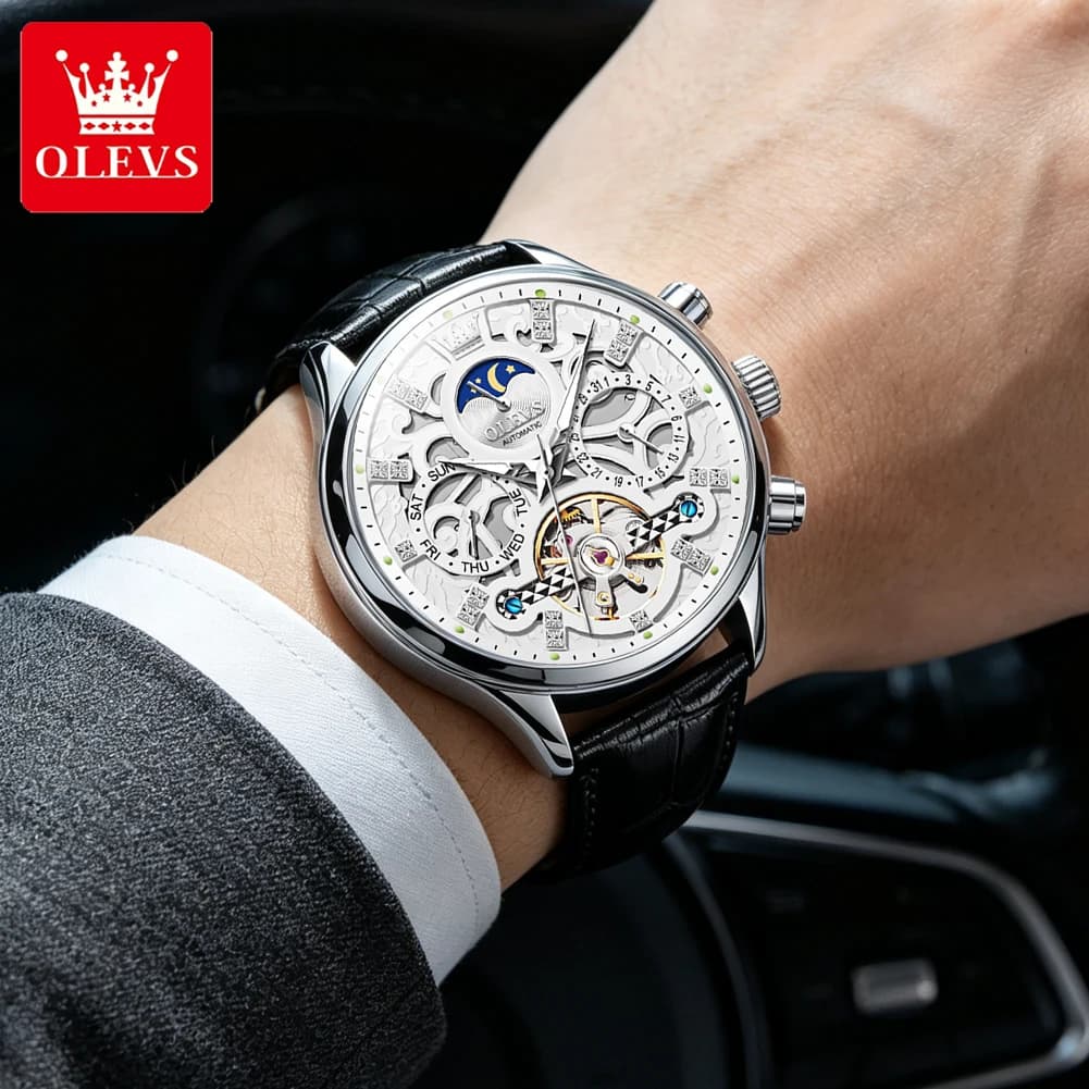 OLEVS Mechanical Watch For Men Automatic Skeleton Watch Classic Dress Watch Waterproof Moon Day Date Luminous Leather Strap 6658