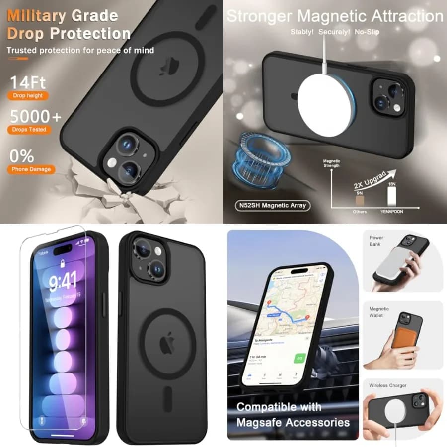 Custodia per iPhone 15, Custodia per iPhone 14/13, Cover Magnetica Opaca [con 1 Pellicola Protettiva] [Supporto MagSafe] [Antiurto]