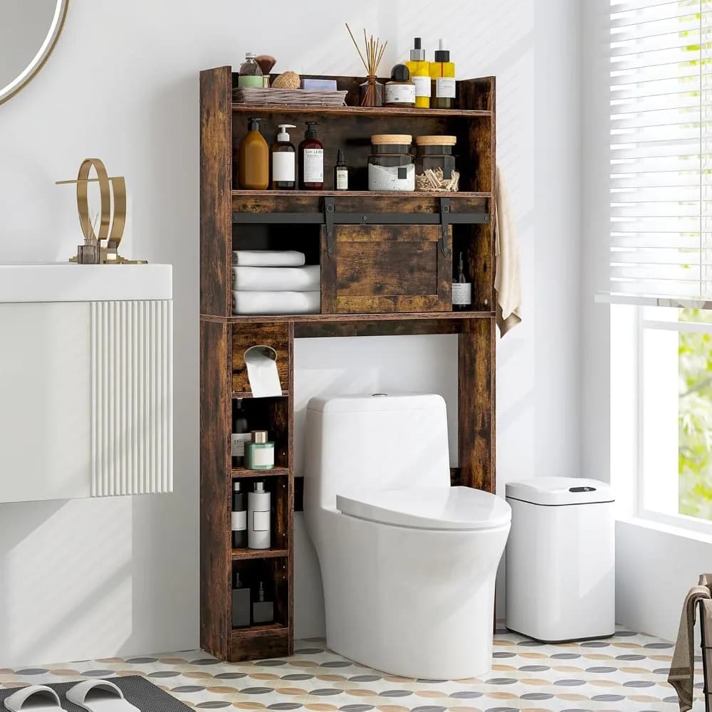 Mobiletto Salvaspazio Sopra il WC, Stile Rustico con Porta Scorrevole, Porta Carta Igienica, Ganci Laterali, Personalizzabile