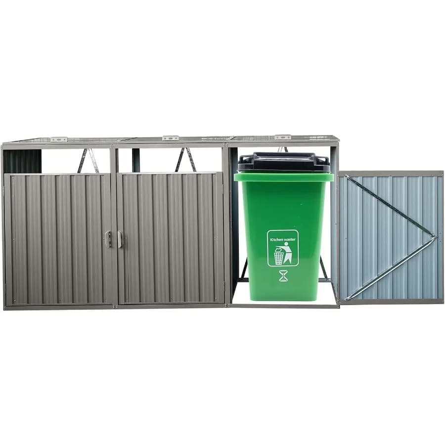 Outdoor trash can storage shed for 3 cans and tools, galvanized steel, charcoal gray, waterproof and rust-resistant
