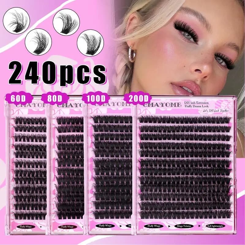 240 Pieces Natural Fined Eyelashes 60-200D Black Lengths in Synthetic Visodium, Extension Eyelashes Individual 14-18mm Trimming D for Make-up