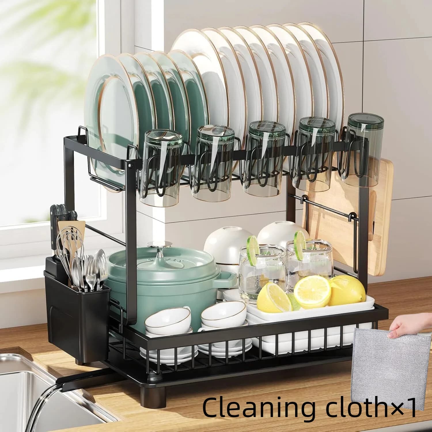 Two-level kitchen cutters, made of stainless steel, designed for kitchen worktops, equipped with a drainage tray.
