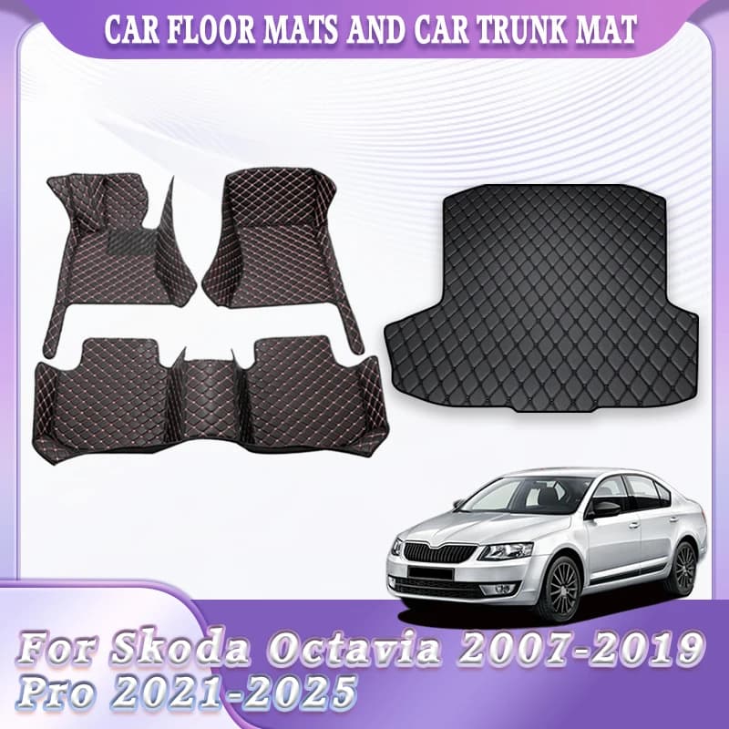 Fodere per pavimenti auto Tappetino per bagagliaio per Skoda Octavia 2007-2019 Octavia Pro 2021-2025 Copertura completa antiscivolo Accessori di protezione automatica