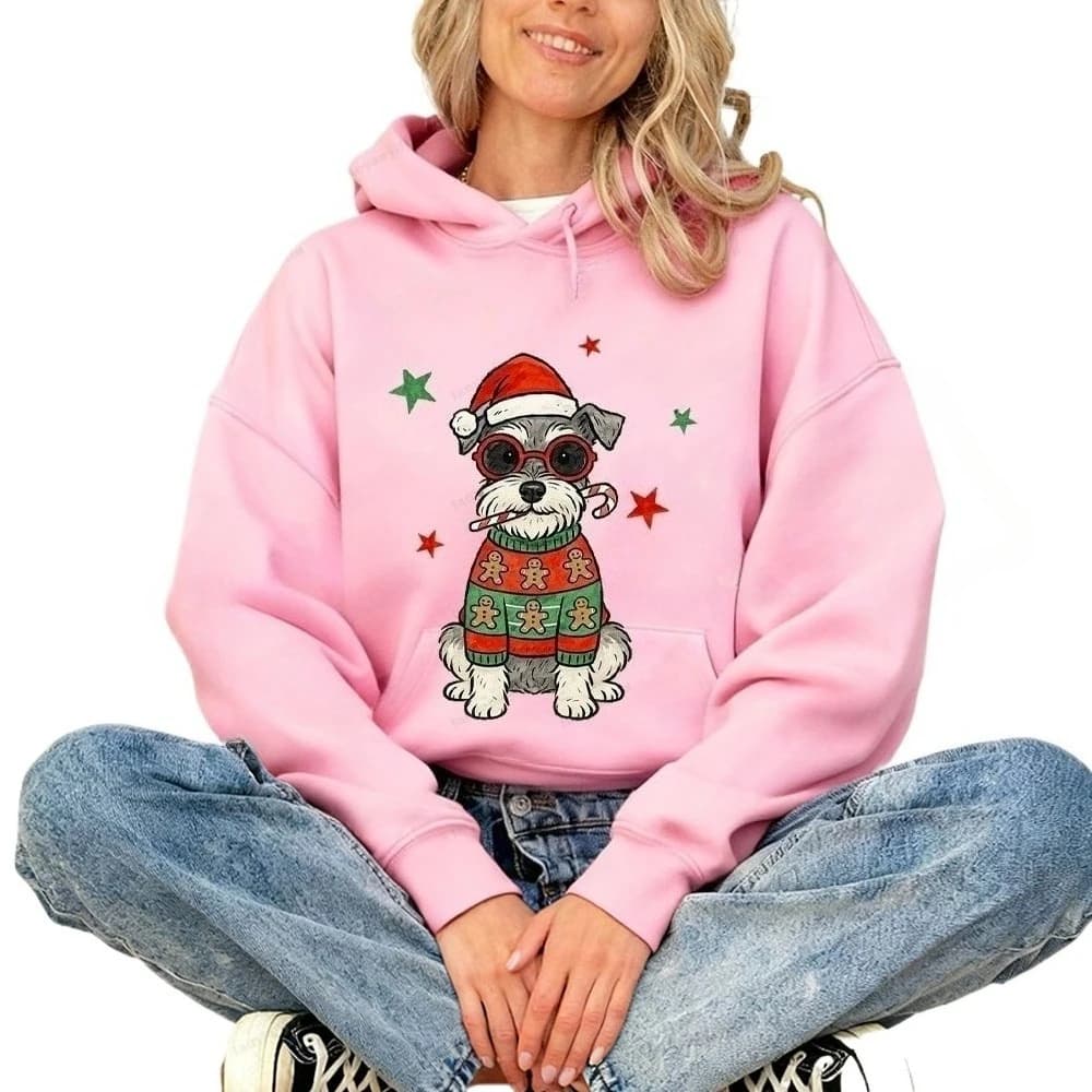 New Christmas Dog Holiday Schnauzer Hoodie Gift Retro Seasonal Funny Festive Season Apparel Xmas Dog Fall Winter Warm Women Top