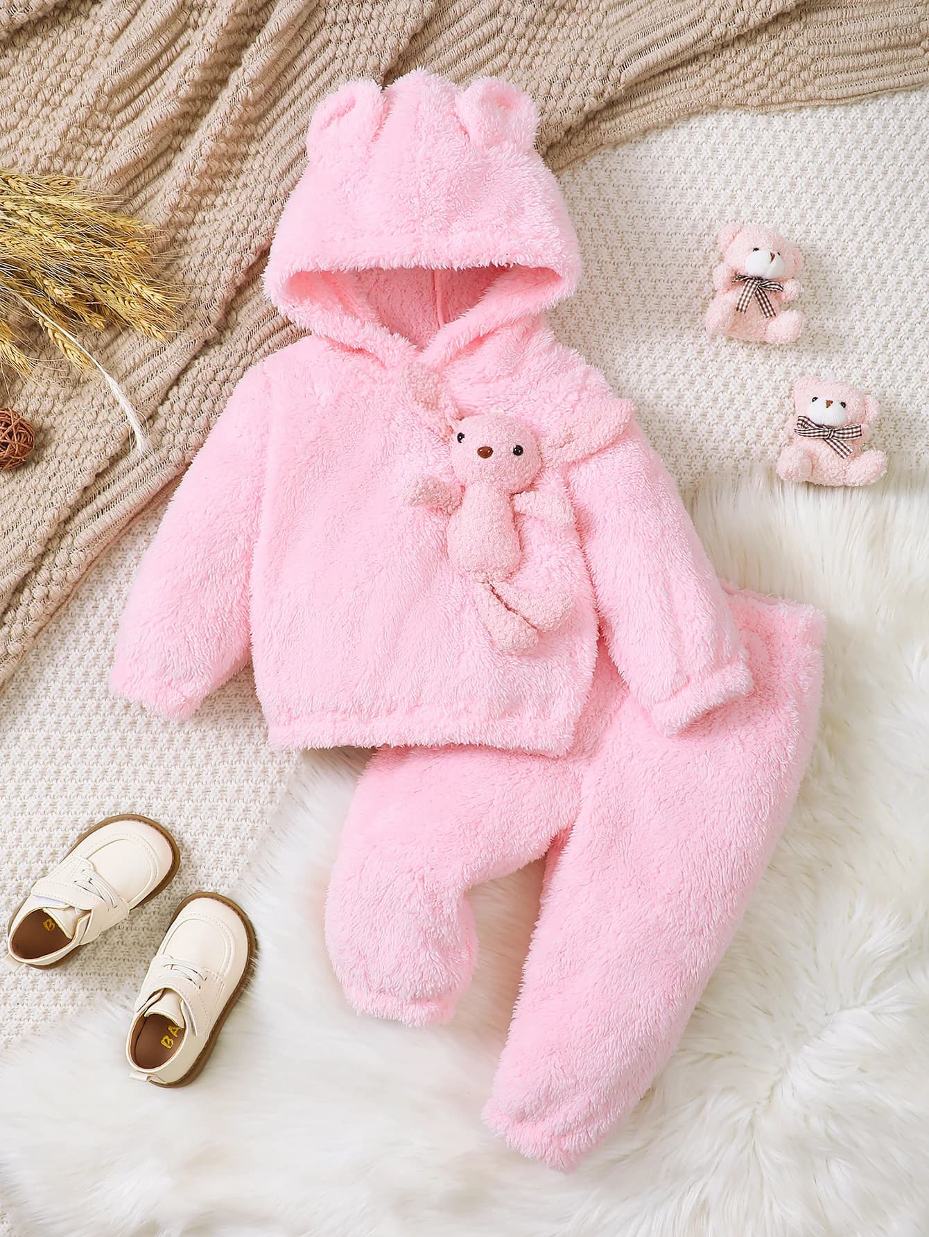 Autunno e inverno rosa soffice set neonate simpatico cartone animato coniglietto figura felpa con cappuccio a maniche lunghe pantaloni tinta unita in vita elastica