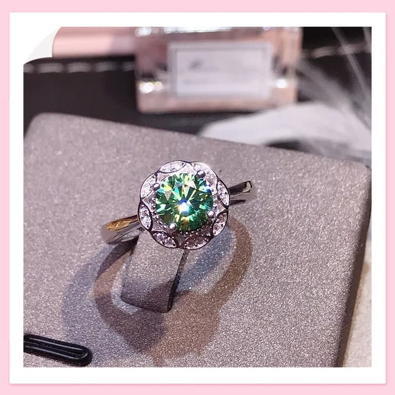 Anello con Zircone Blu-Verde Imitazione Diamante Mozzarella, Taglio Otto Cuori e Otto Frecce, Gioiello Live Jewelry