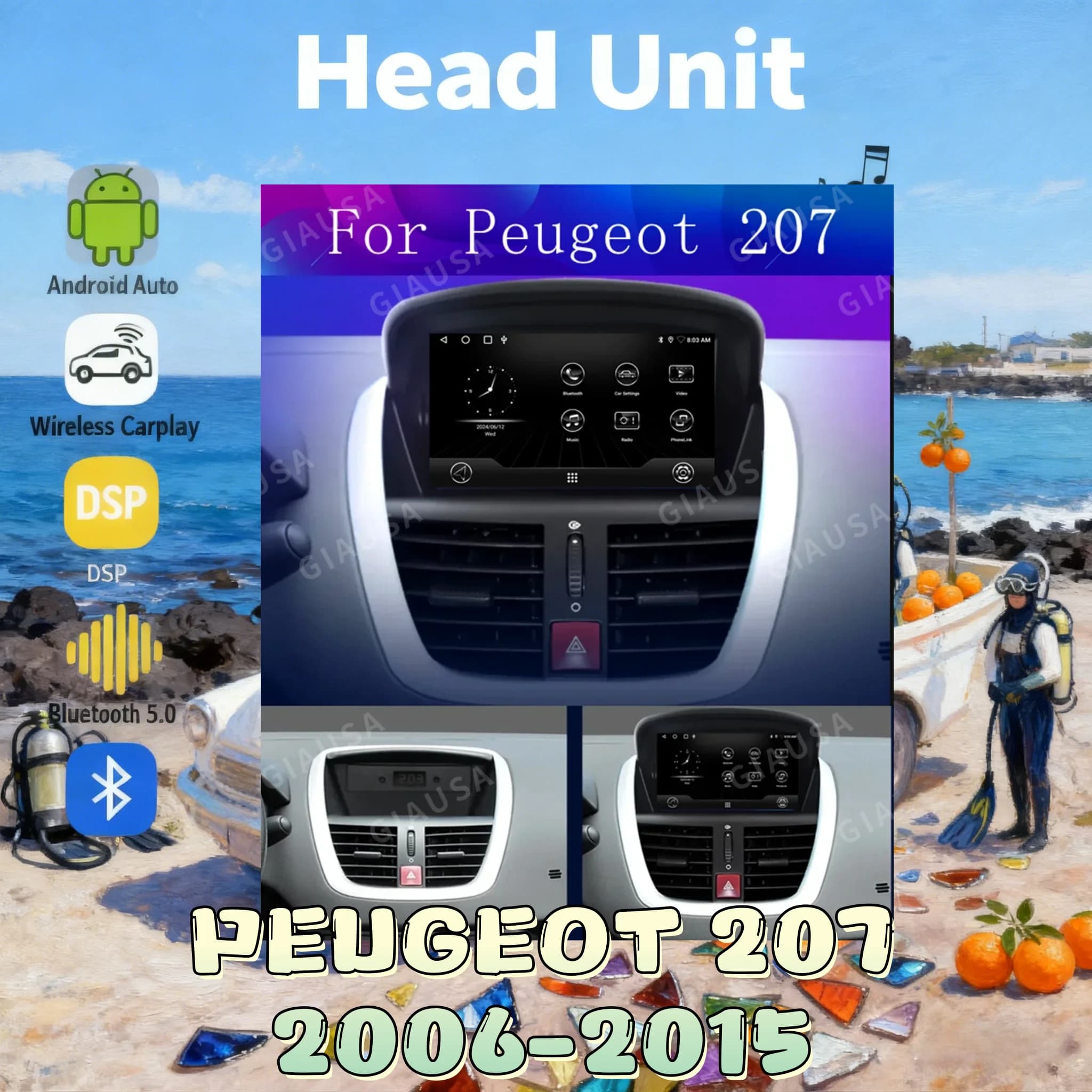 YYL Android 13.0 Car Radio For PEUGEOT 207 2006-2015 Carplay GPS Naviga Multimedia WiFi Auto Head Unit Stereo Bluetooth 5.0 4G