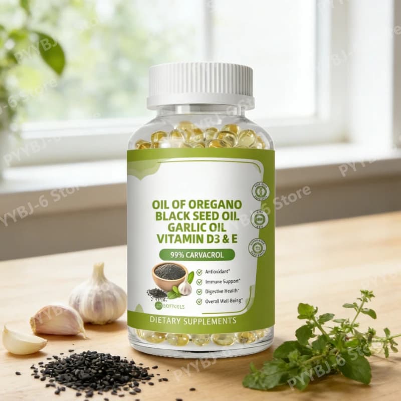 Capsule di Olio di Origano con Vitamina D3 ed E, 120 Softgel, Integratore Alimentare Non-OGM, Supporto Immunitario, Antiossidante, Salute Digestiva