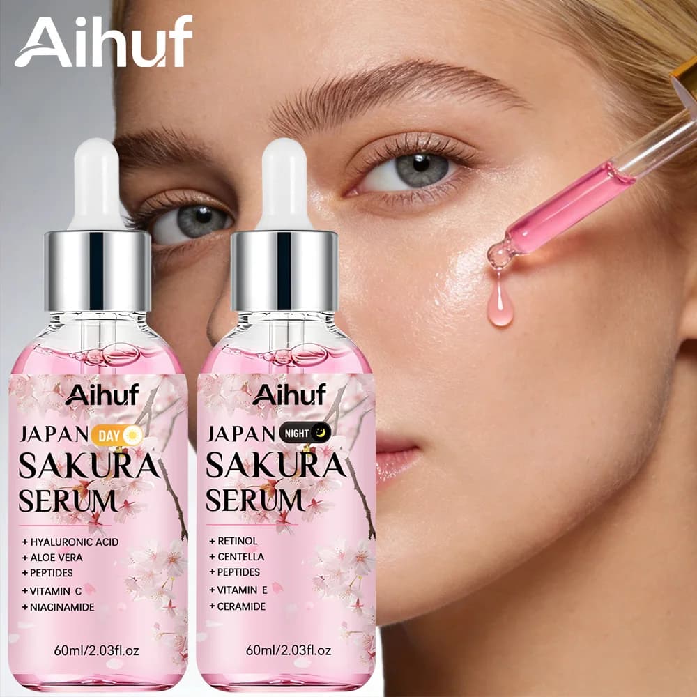 AIHUF 2PCS Sakura Liquid Essences Rassodanti Day and Night with Aloe Vera, Niacinamide, Snow Lotus, Vitamin C, Antioxidant, Illuminating
