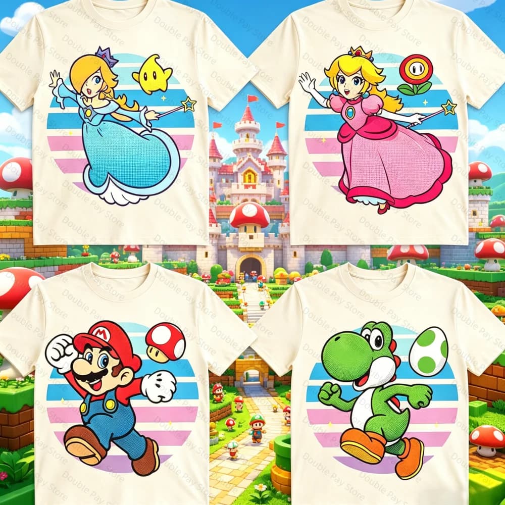 Maglietta classica per bambini Super Mario, manica corta, girocollo, grafica da gioco, casual, comoda, in morbido cotone, top estivo per adulti