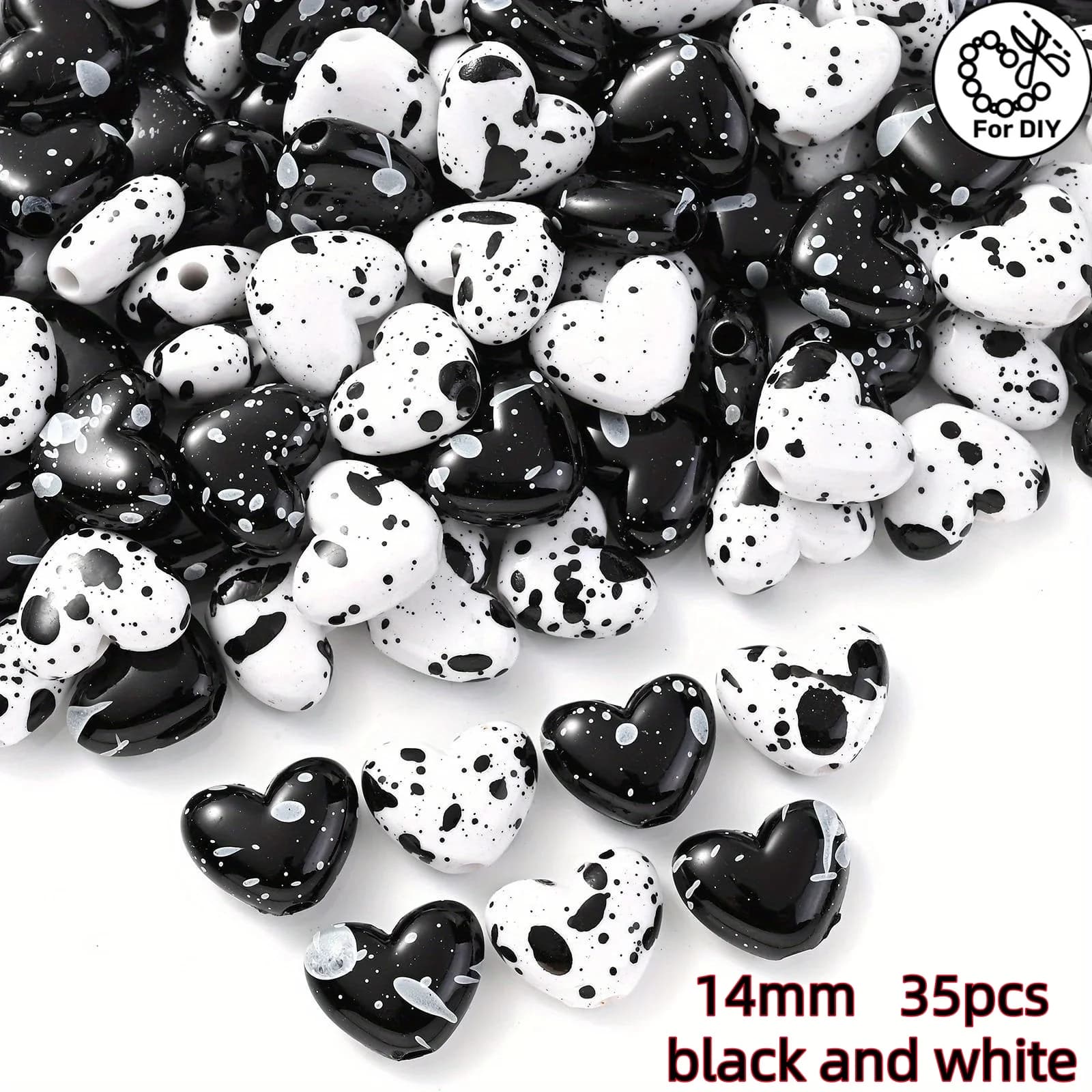 14mm 35pcs black and white spray peach heart beads, suitable for accessories such as bracelets and necklaces