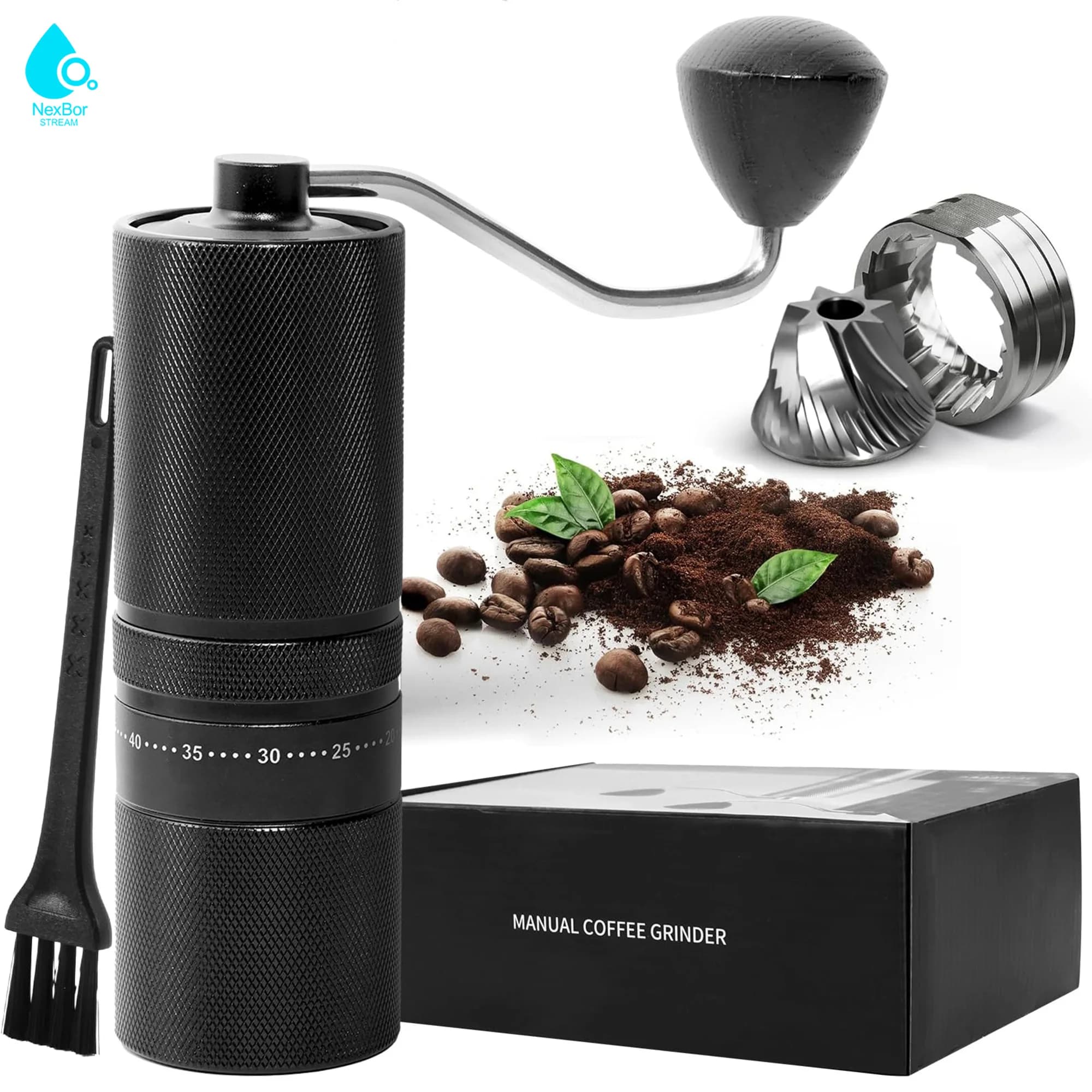 Portable Hand Coffee Bean Grinder with 60 Adjustable Settings 7-Axis SUS420 Stainless Steel Burrs Labor-Saving Crank Handle