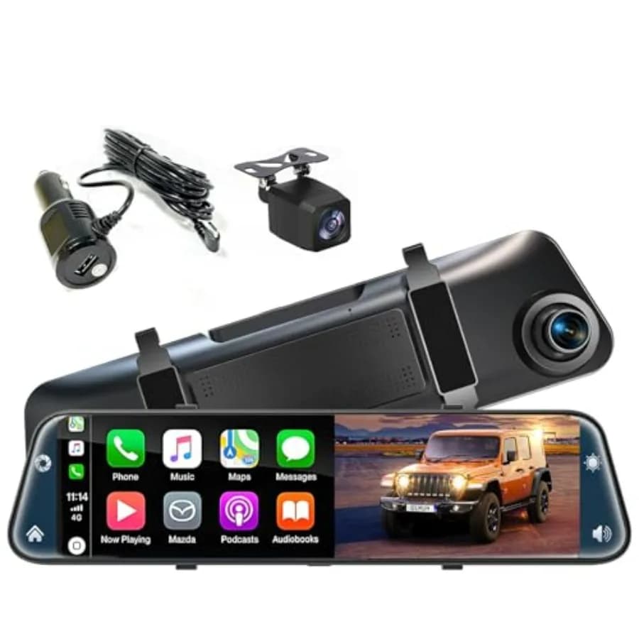 Telecamera per Specchietto Retrovisore da 12'' con CarPlay e Android Auto, Dash Cam 4K Anteriore e Posteriore con Assistenza alla Retromarcia e Registrazione in Loop