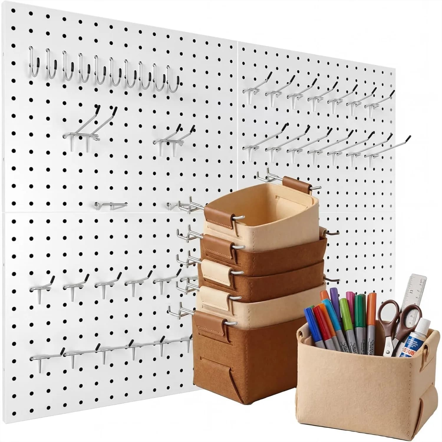 4 Pack Metal Pegboard Organizer with 50 Hooks & Baskets for Wall Storage in Garage, Craft Room, Sewing Room