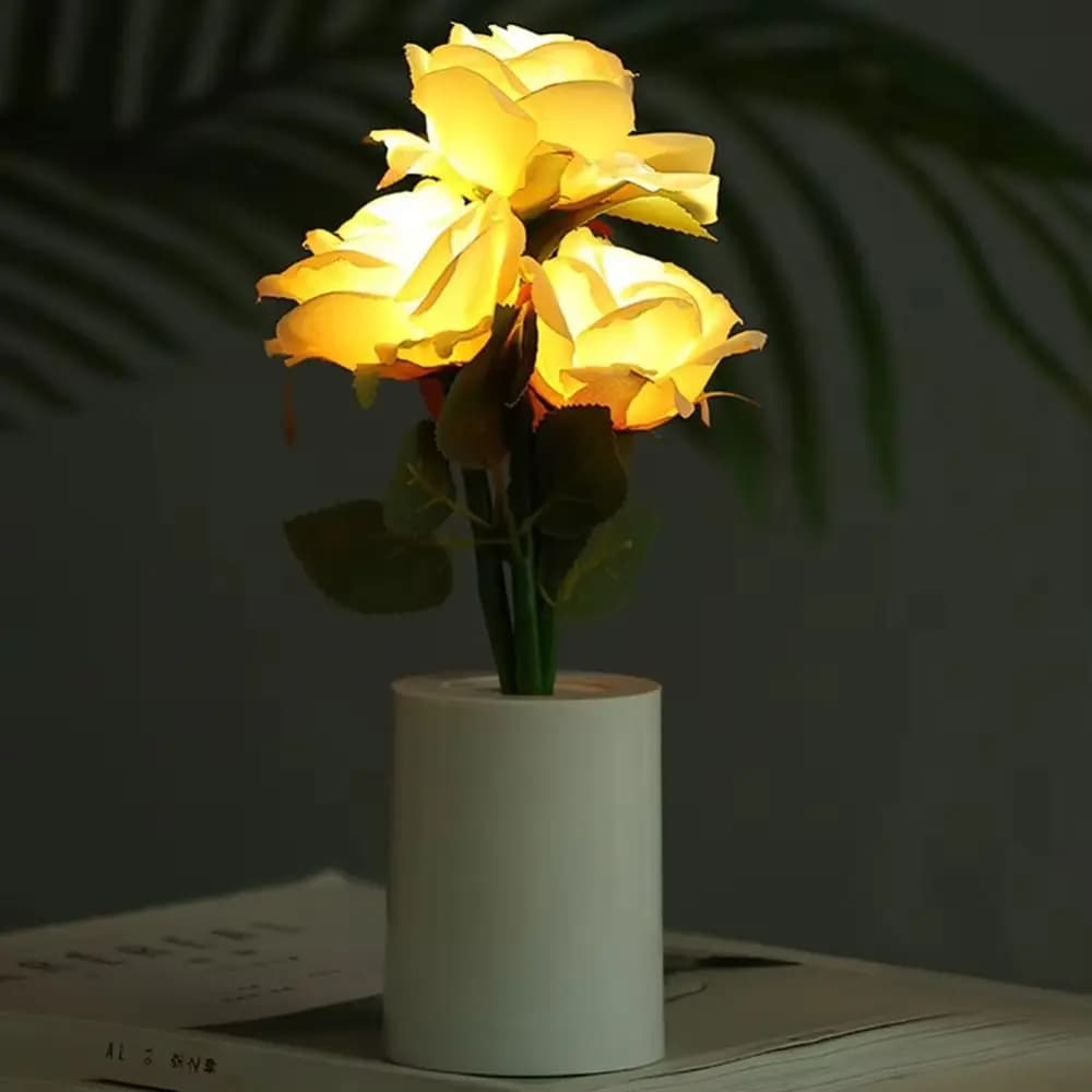 Lampada da Tavolo LED a Forma di Rosa Cinese, Luce Decorativa con 3 Teste a Forma di Fiore di Rosa Simulato