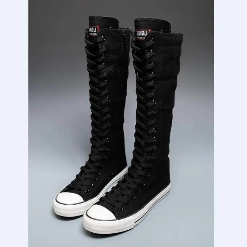 Women Korean Trend High Top Canvas Long Boots Lace Up Side Zipper Comfort Casual Daily Walking Shoes