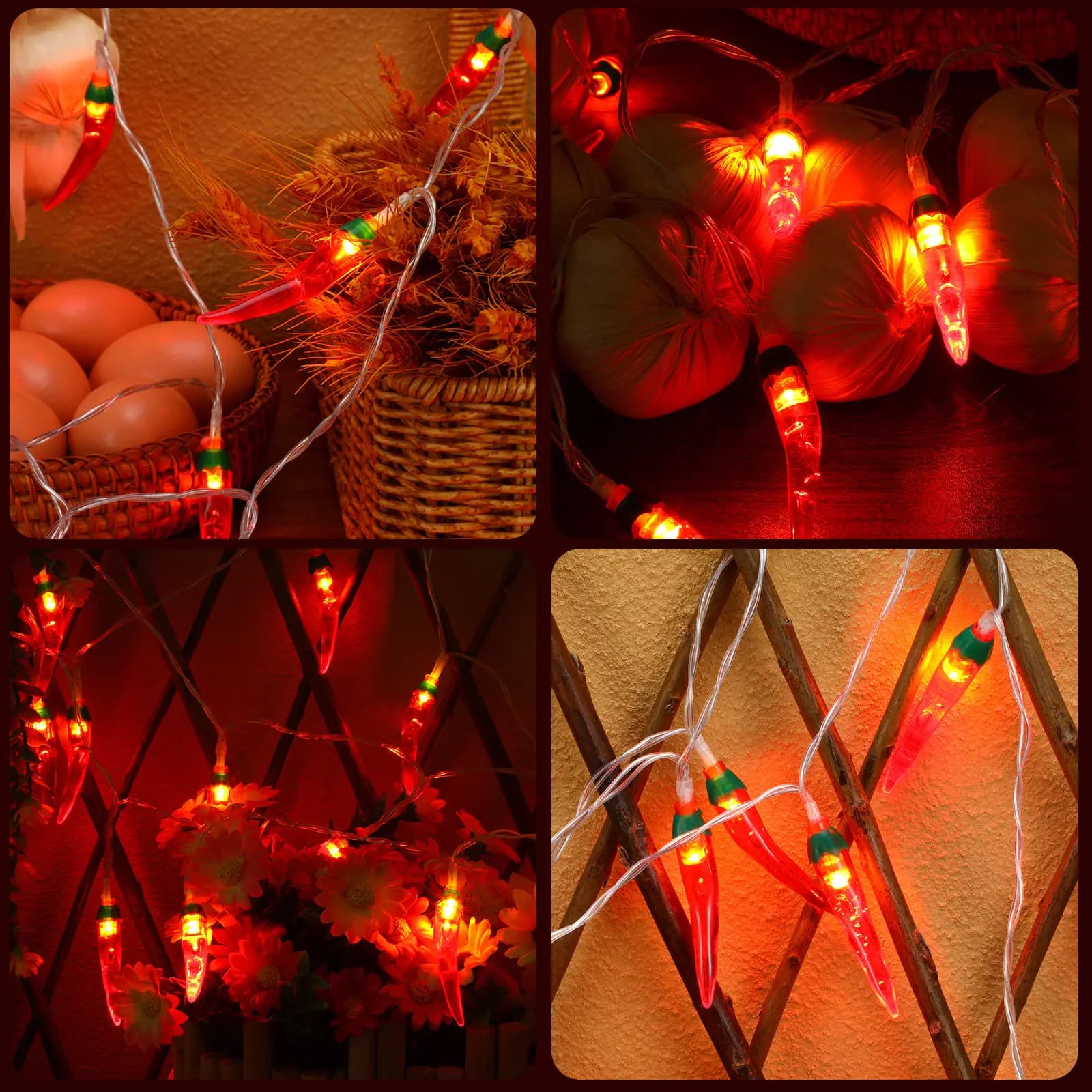 Luci LED a Forma di Peperoncino, 20 LED, Decorazione Rossa Flessibile e Resistente all'Acqua per Interni ed Esterni, Soggiorno, Finestra, Giardino