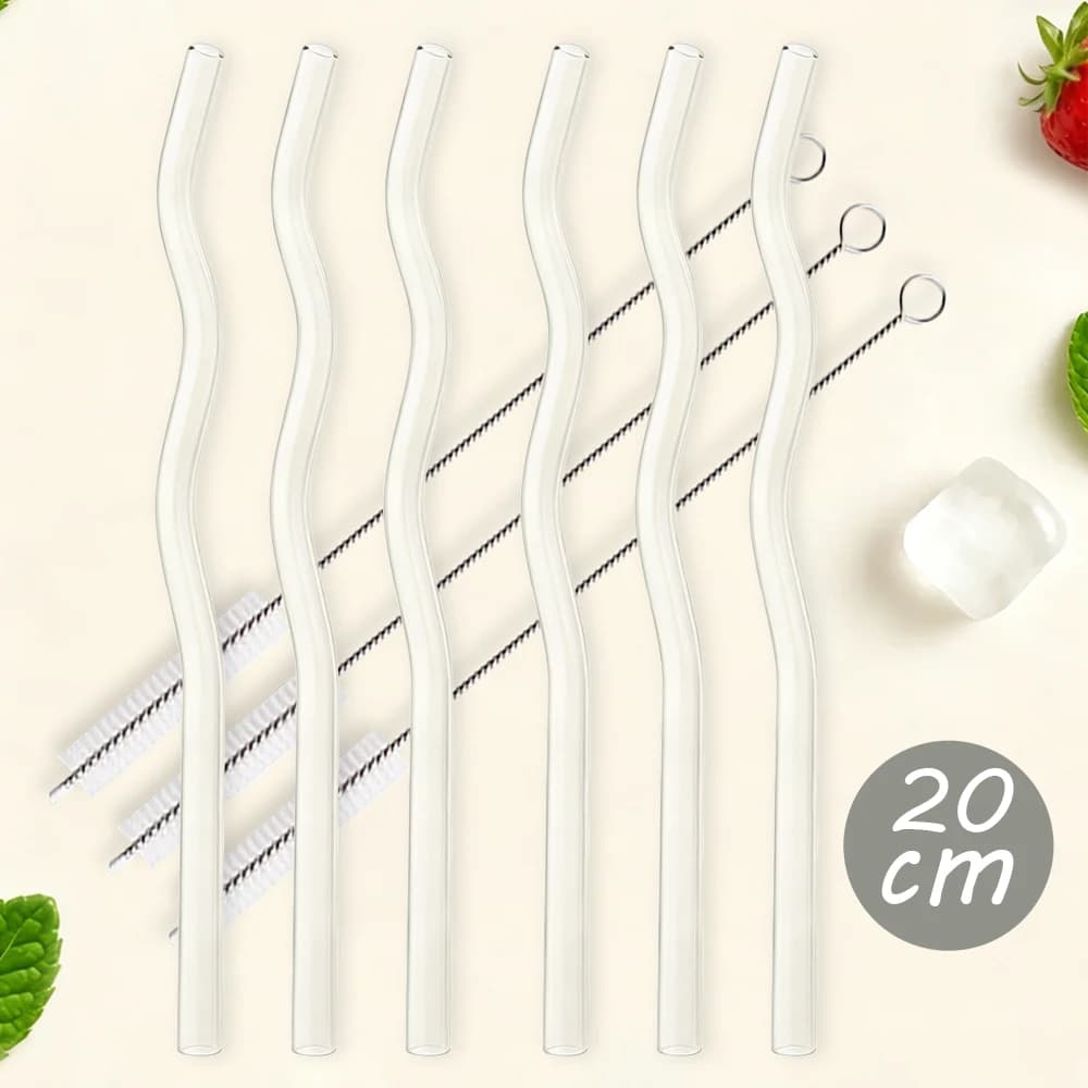 6 transparent glass straws, reusable undulating glass straws, 7.8 inch x 8 mm transparent eco-friendly glass straws with 3 cleaning brushes