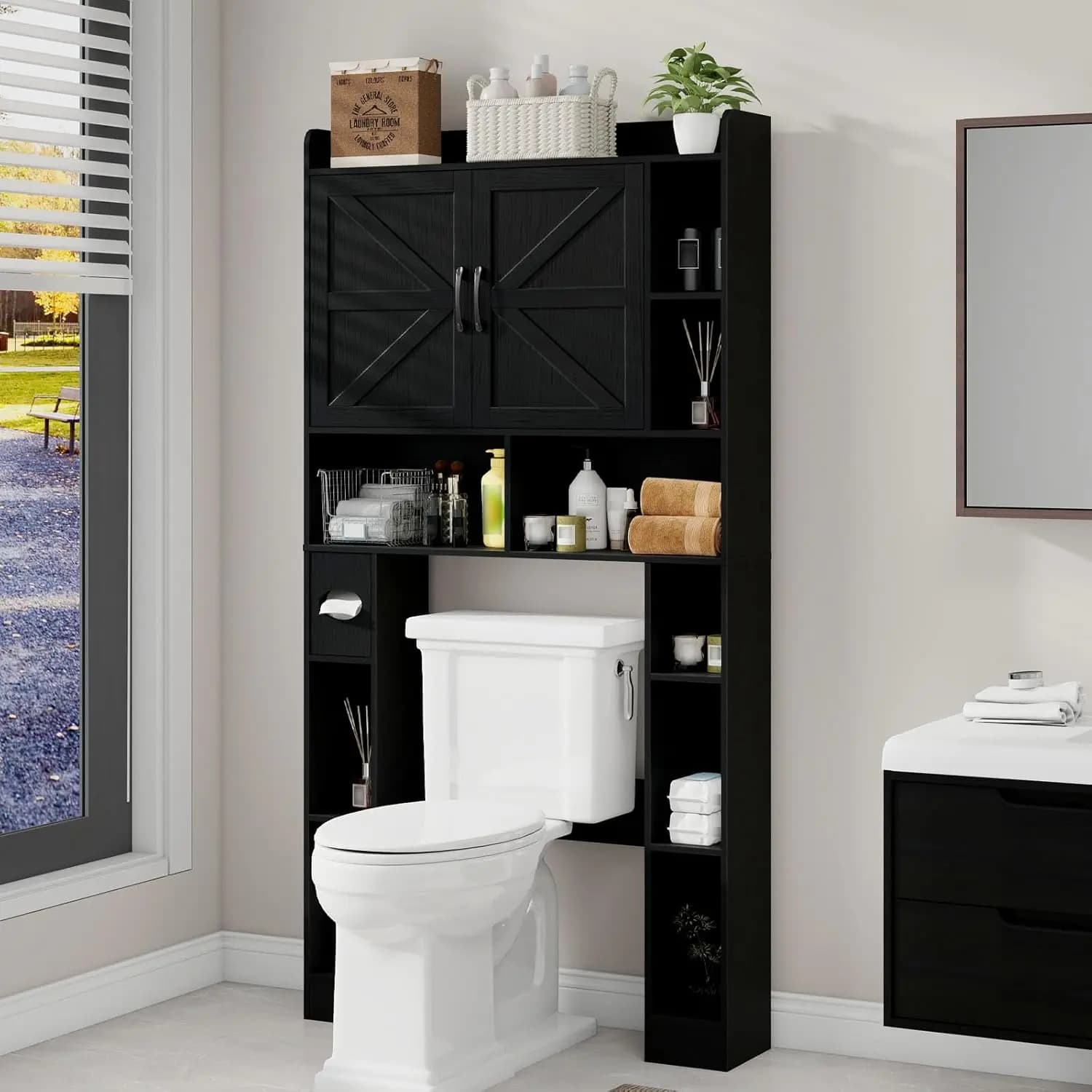 Over The Toilet Cabinet, Double Doors Bathroom Shelf Organizer with Toilet Paper Holder Stand and Open Storage, Customized