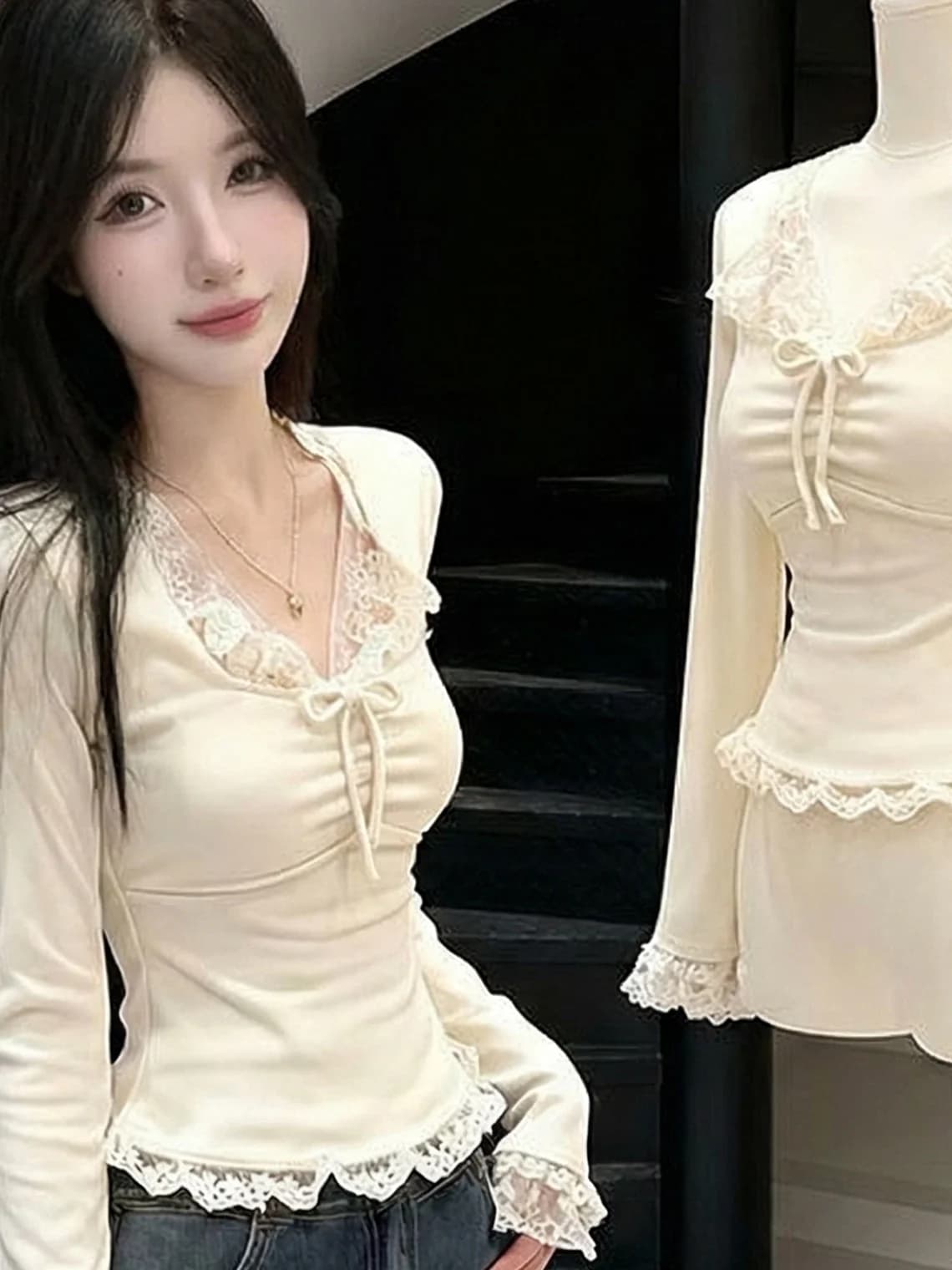 Lace Trim V-Neck Base Shirt Women's Fashionable Winter Spring Autumn Inner Wear Flocking Underwear Long Sleeve Cotton T-Shirt