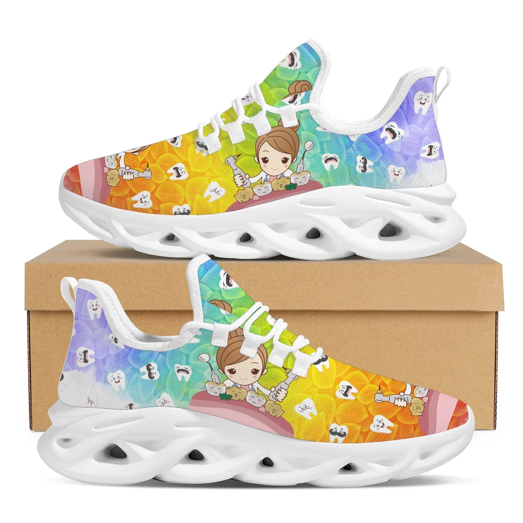 Scarpe da infermiera comode e leggere da donna, sneakers in mesh con design a tema attrezzatura dentale, nuove scarpe casual stringate di tendenza streetwear.