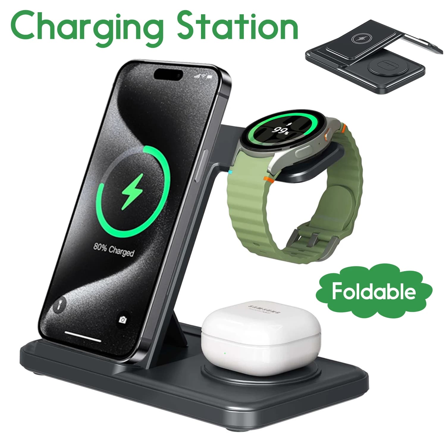 3 in 1 desktop wireless charging station for Samsung S25 S24 S23 S22 Galaxy Watch 8 7 6 5 4 3 Buds3 Pro/Buds Pro2 Quick charging