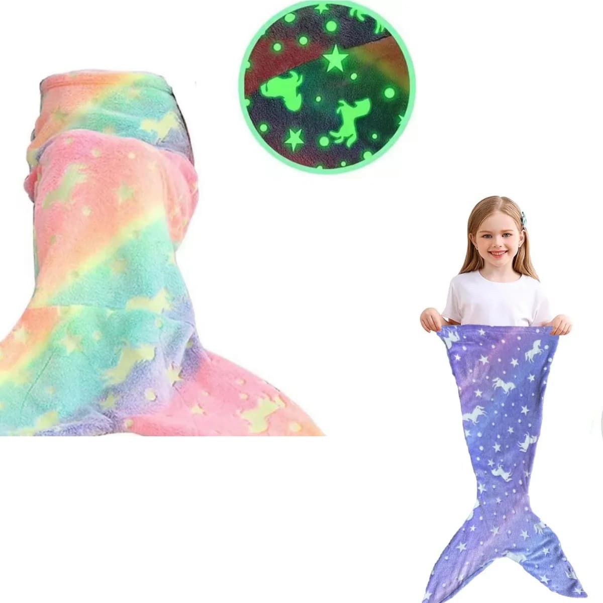 Night Luminous Cover with Unicorno or Sirena Coda Shape, Cover with Flannel, Gift, Pelo Satin