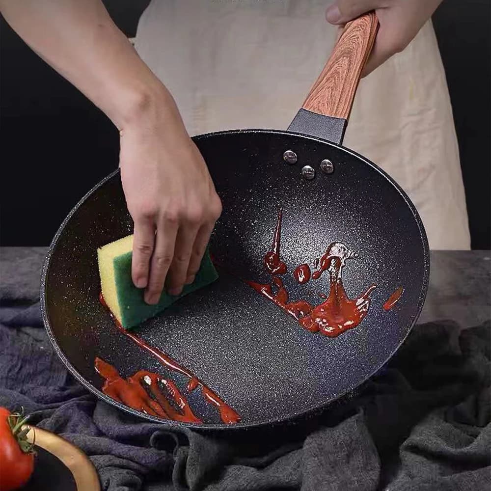 Padella Wok Antiaderente da 32CM per Cucina a Gas e Induzione, Utensile da Cucina Durevole in Pietra Maifan per Bistecche, Pancake e Salse