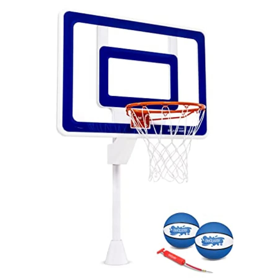Canestro da basket da esterno Deck-Mounted Splash Hoop Elite per piscina interrata con cerchio regolamentare, 2 palloni e pompa, bianco/blu, resistente