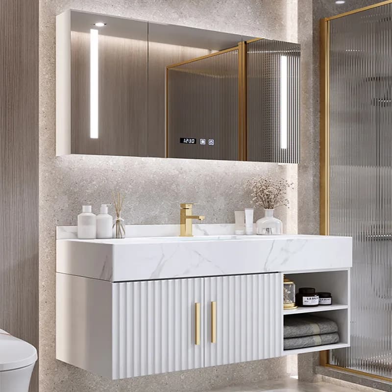 Mobiletto a specchio per bagno, lavabo, combinazione mobiletto bagno, lavabo integrato moderno e semplice in lastra di roccia