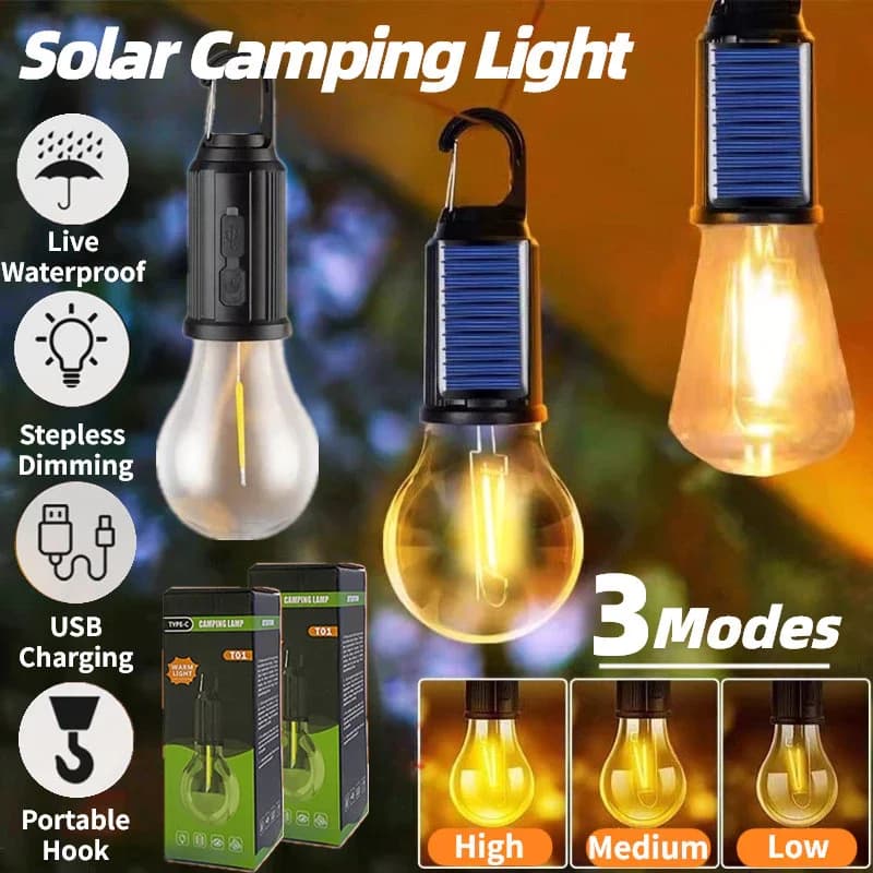 Lampada Solare a LED per Campeggio, Luce Portatile Impermeabile da Esterno, Torcia con 3 Modalità, Ricaricabile USB, Luce per Tenda con Gancio