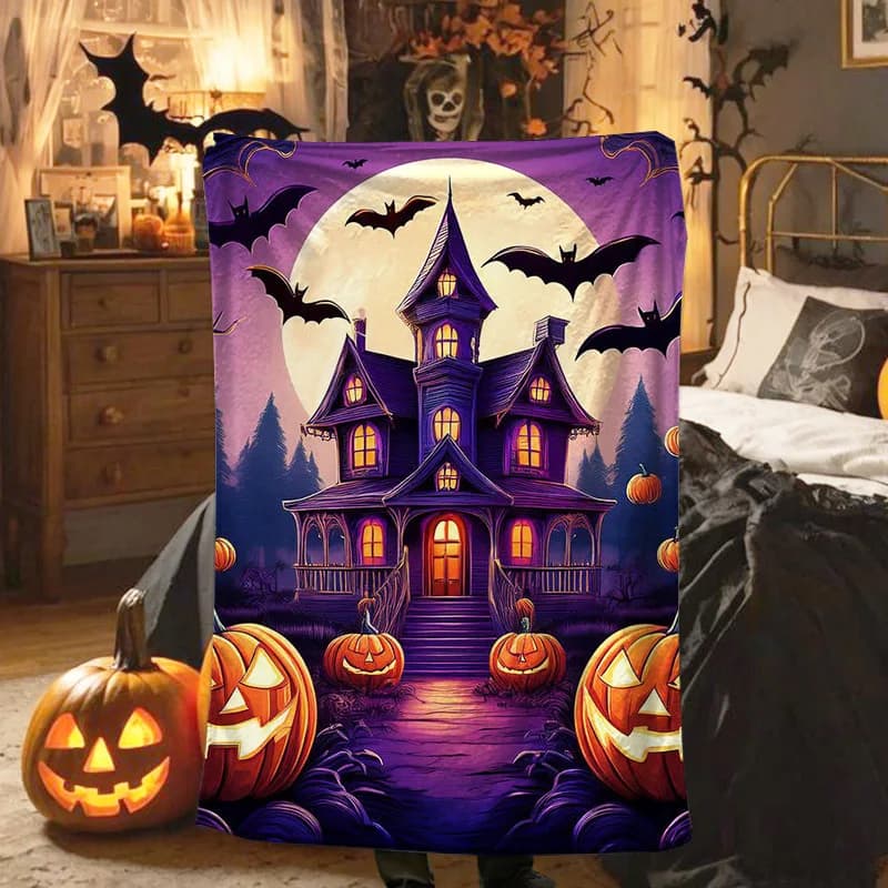 Coperta di copertura in flanella di velluto per camera da letto in poliestere stampato digitale zucca fantasma di Halloween Coperte morbide per divani in pile per letti