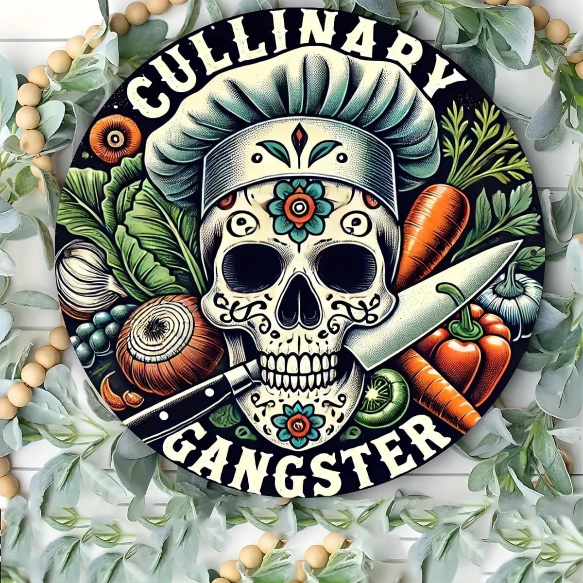 1pc Culinary Gangster Chef Skull Vegetable Knife Round Metal Sign 2D Flat Diner Kitchen Bar Wall Decor Gift