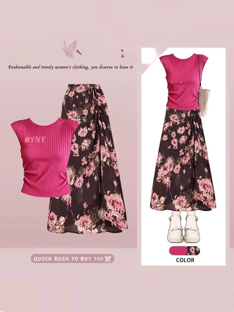 Completo due pezzi estivo da donna in maglia rosa con gonna a fiori e top a maniche corte, stile country ispirato alle pitture a olio