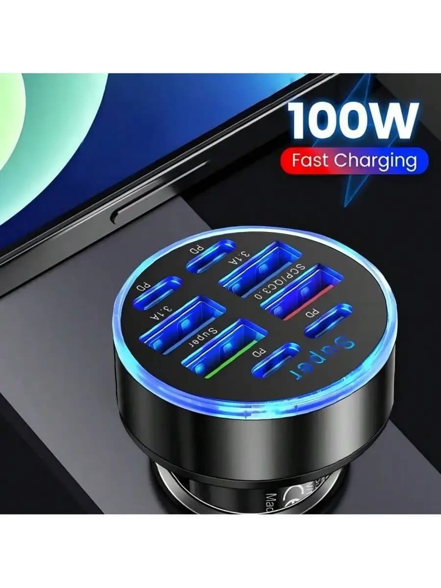 Caricabatterie da auto a ricarica rapida da 100 W a 8 porte USB PD QC3.0 Super Charge per iPhone