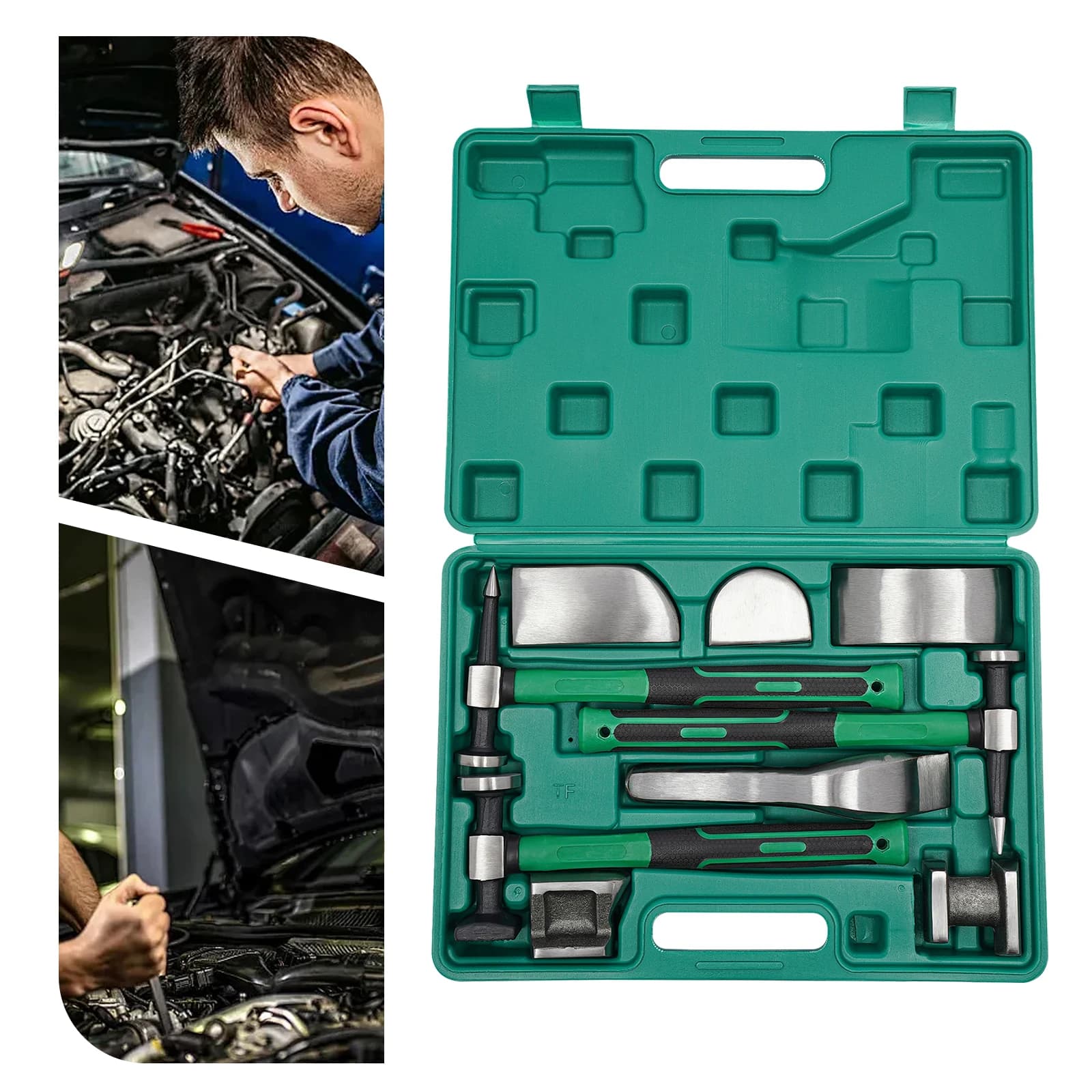 Kit of tools for repair of dents for body shop 9 pieces Set of metal hammers with green handle Repair tools for sheet DIY for car dents