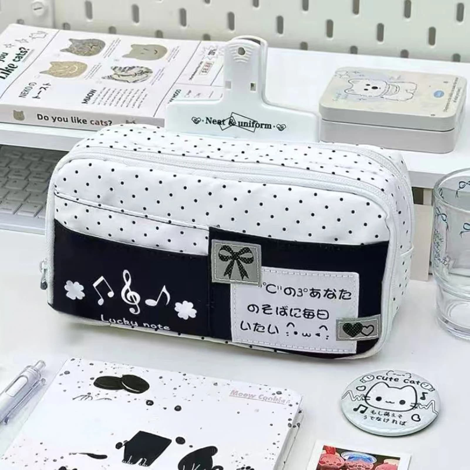 INS Polka Dot Pencil Case Large Capacity Stationery Pouch Fashion Korean Blue Cat Pattern Multi-Layer Student Pen Organizer Bag