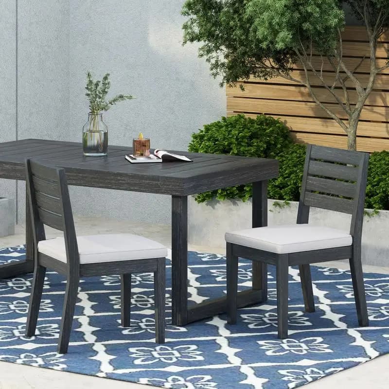 Set di 2 sedie da pranzo da esterno senza braccioli in legno di acacia con cuscini, grigio scuro sabbiato e grigio chiaro