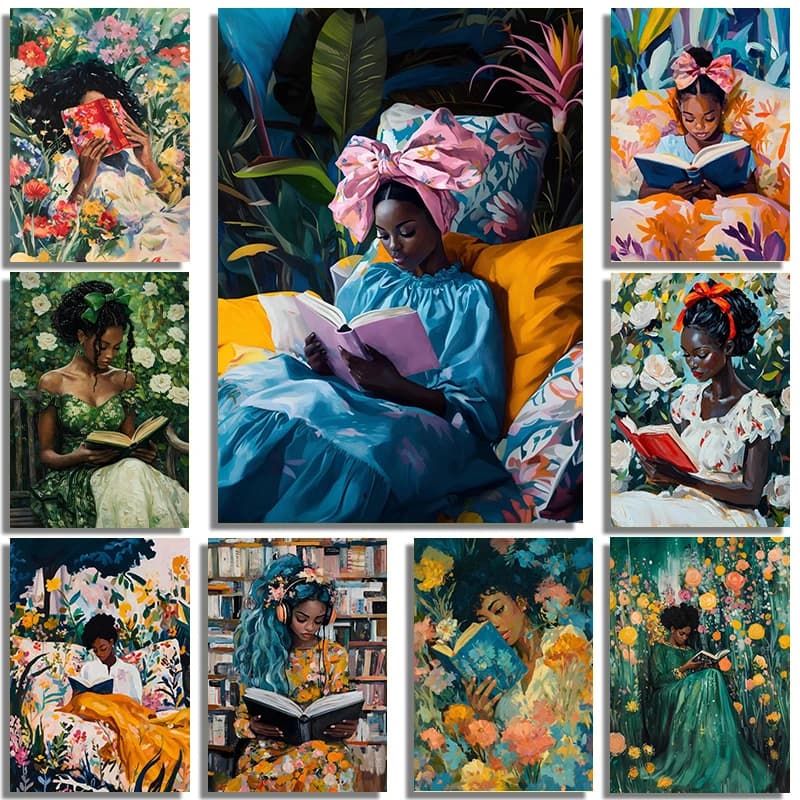 Dreamy Colorful Garden Black Girl Reading Scene Art Poster Print Canvas Paint Oil Paint Printmaking Study Office Wall Decoration