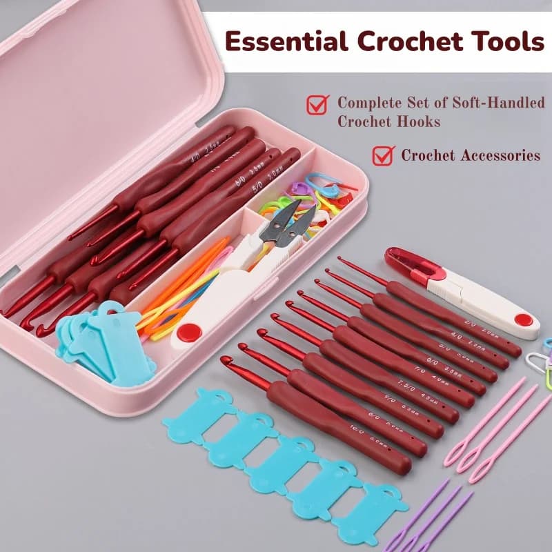 Soft Handle Crochet Hook Set Complete Knitting Tools Kit with Storage Box Scissors Stitch Markers Needles Craft Sewing Accessory